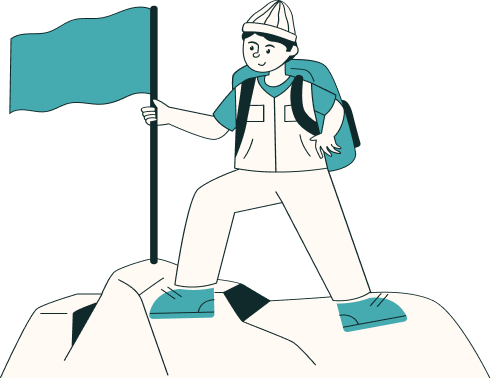 An illustrated figure planting a flag on a mountain summit, representing The Path of the Guide